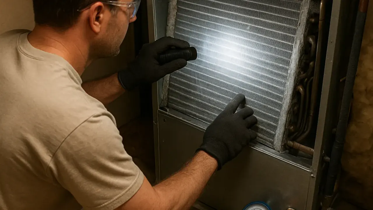 Air Conditioning Repair in jacksonville: HVAC technician inspecting the evaporator coil in an attic air handler unit with a