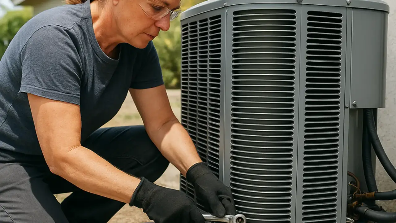 Air Conditioning Installation in jacksonville: HVAC technician carefully positioning a new outdoor condenser unit onto a