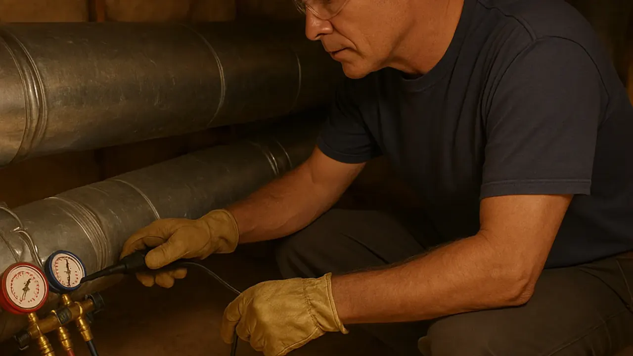 Central Air Conditioning Service in jacksonville: HVAC technician examining the condition of the main trunk line and branch