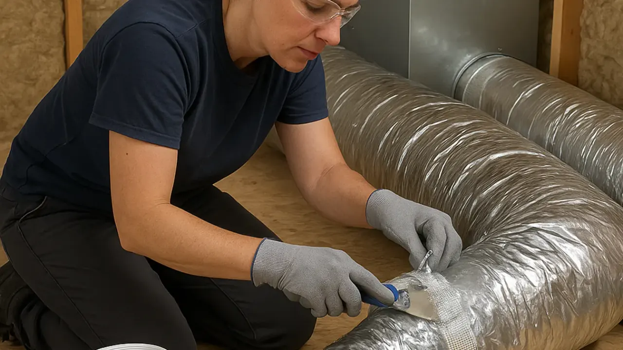 HVAC Duct Repair in jacksonville: HVAC technician patching a tear in flexible ductwork in an attic using duct mastic and