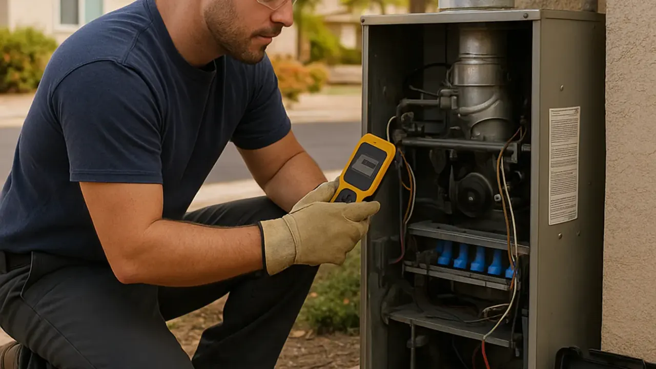 Air Quality Testing in jacksonville: HVAC technician using a carbon monoxide detector to check the air near a gas furnace